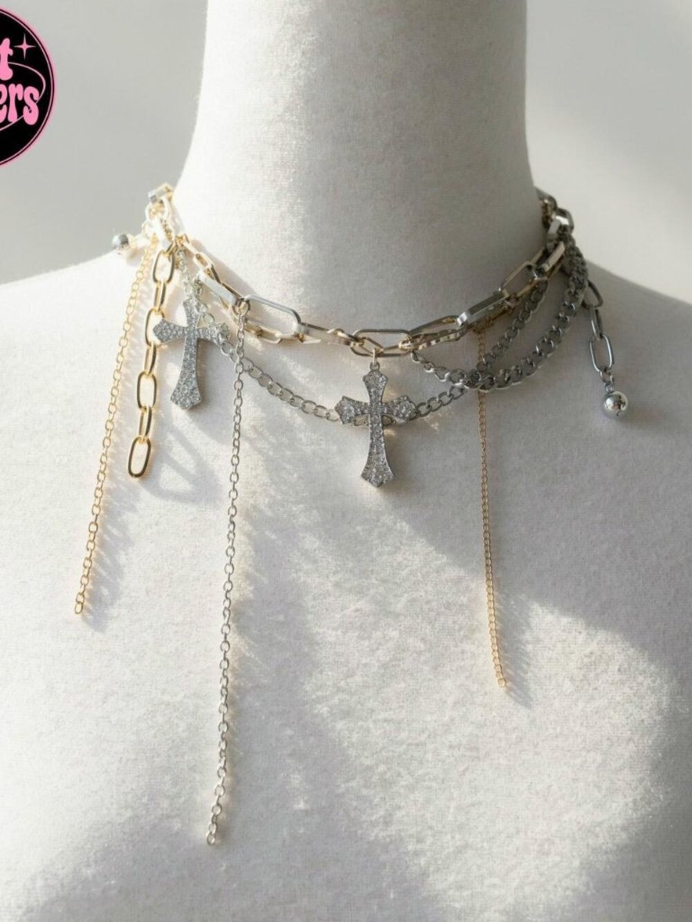Y2K 2000s style silver & gold cross necklace with chain details